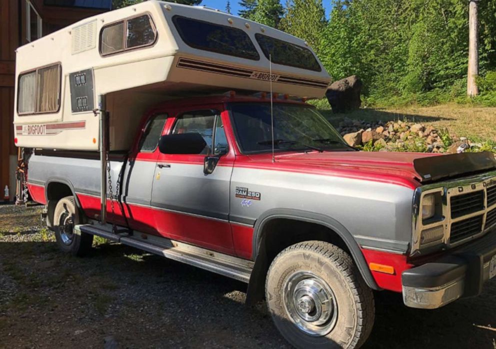 PHOTO: The Dodge pickup truck that Kam McLeod and Bryer Schmegesky were driving before they disappeared is pictured in this undated handout photo. The truck was found on fire on Highway 37, some 30 miles from Dease Lake, British Columbia, July 19, 2019.
