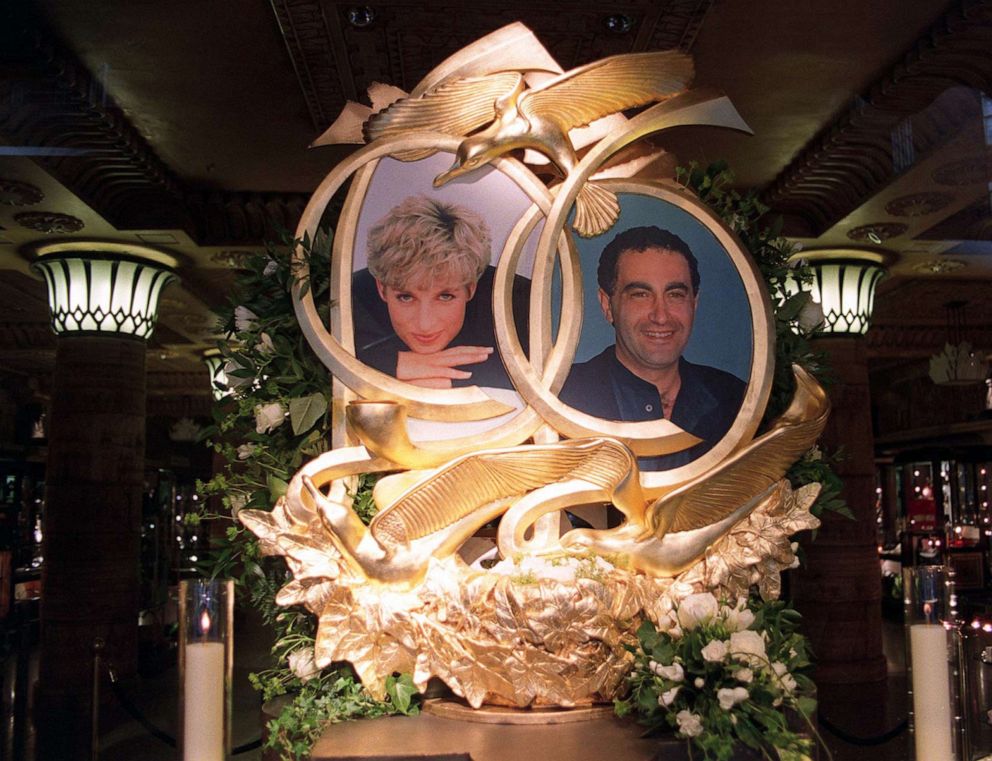 PHOTO: An eight-foot high bronze sculpture in the window of Harrods department store in Knightsbridge, London, on the first anniversary of the death of Diana, Princess of Wales, and Dodi Fayed, son of Harrods former owner Mohamed Al Fayed, Aug. 31, 1998.