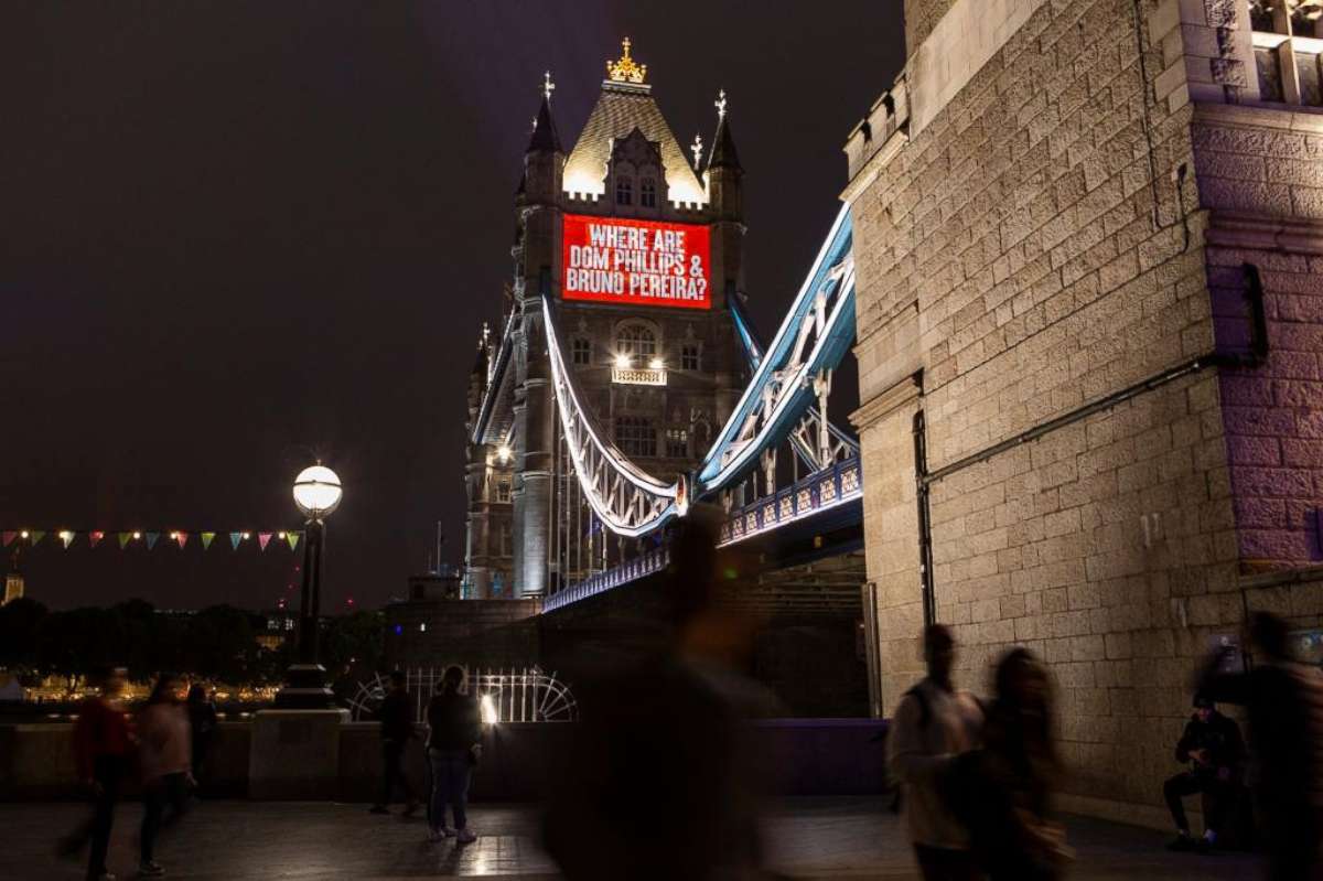 PHOTO: The names of missing journalist Dom Phillips and indigenous expert Bruno Pereira are projected onto the Tower Bridge in London.