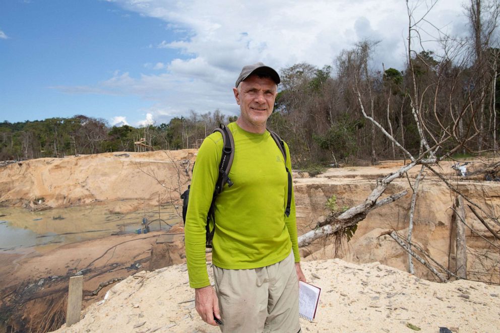 PHOTO: In this Nov. 14, 2019, file photo, veteran foreign correspondent Dom Phillips visits in a mine in Roraima State, Brazil.