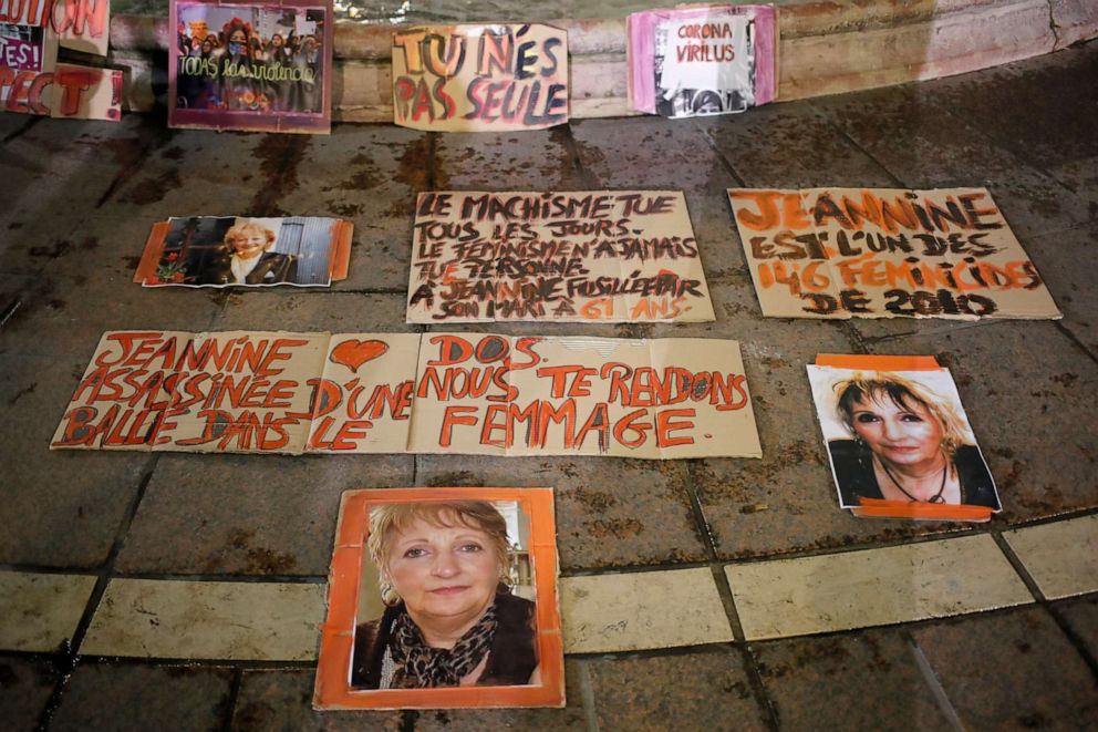 PHOTO: Posters of women victims of domestic violence are pictured at the Saint Michel fountain, Nov. 25, 2020, in Paris.