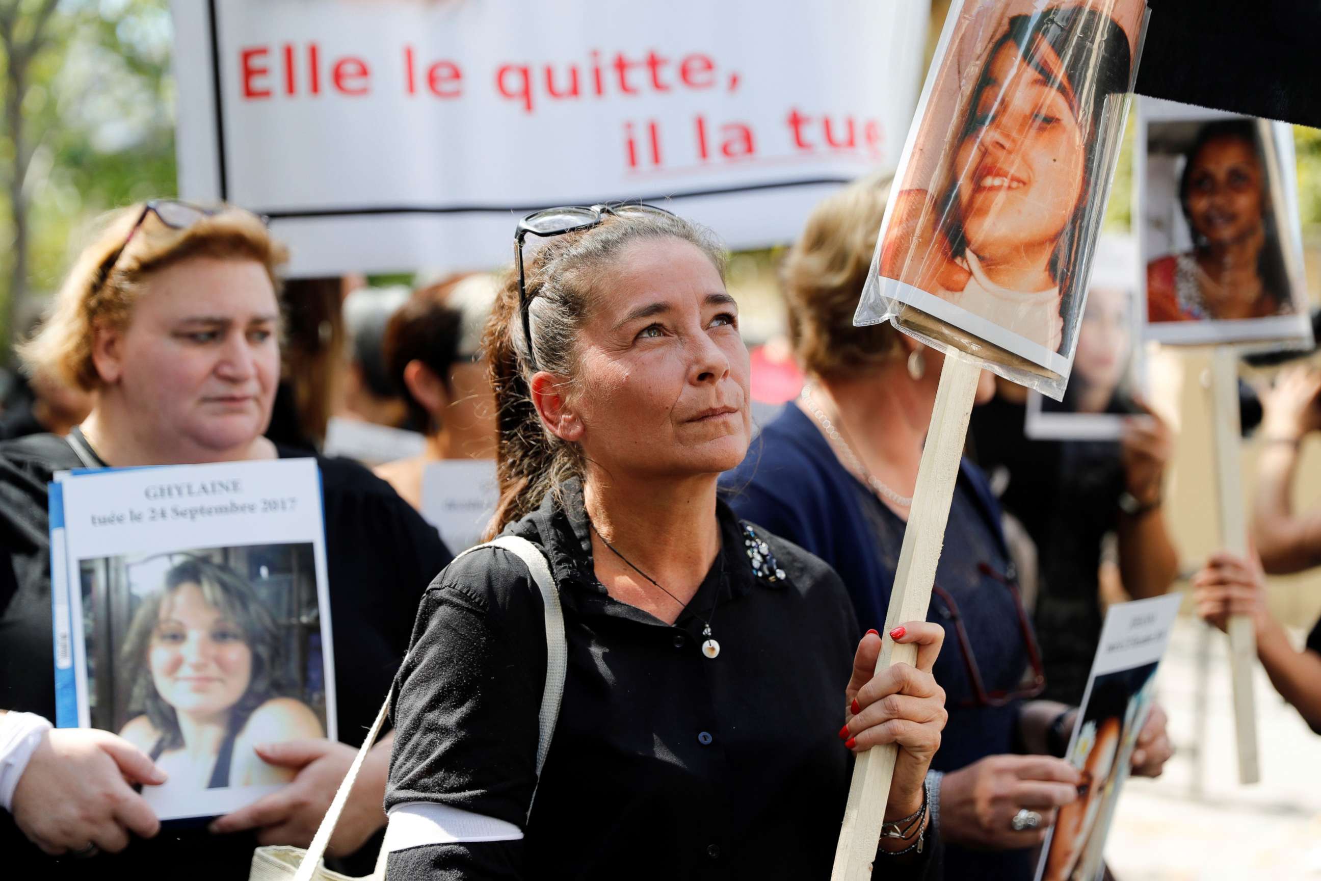PHOTO: Woman hold placards during a protest march denouncing violence against women in Paris, Sept. 3, 2019.