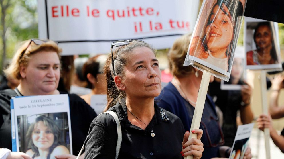 PHOTO: Woman hold placards during a protest march denouncing violence against women in Paris, Sept. 3, 2019.