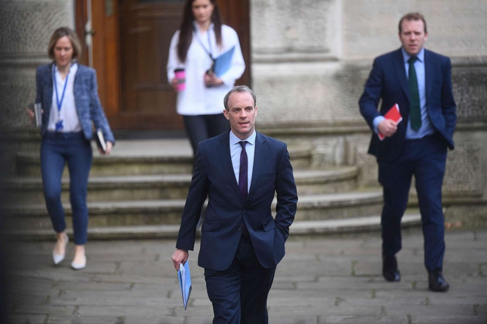 PHOTO: Britain's Foreign Secretary Dominic Raab, who is taking charge of the Government's response to the coronavirus crisis after Prime Minister Boris Johnson was admitted to intensive care Monday, arrives in Downing Street, London, April 8, 2020.