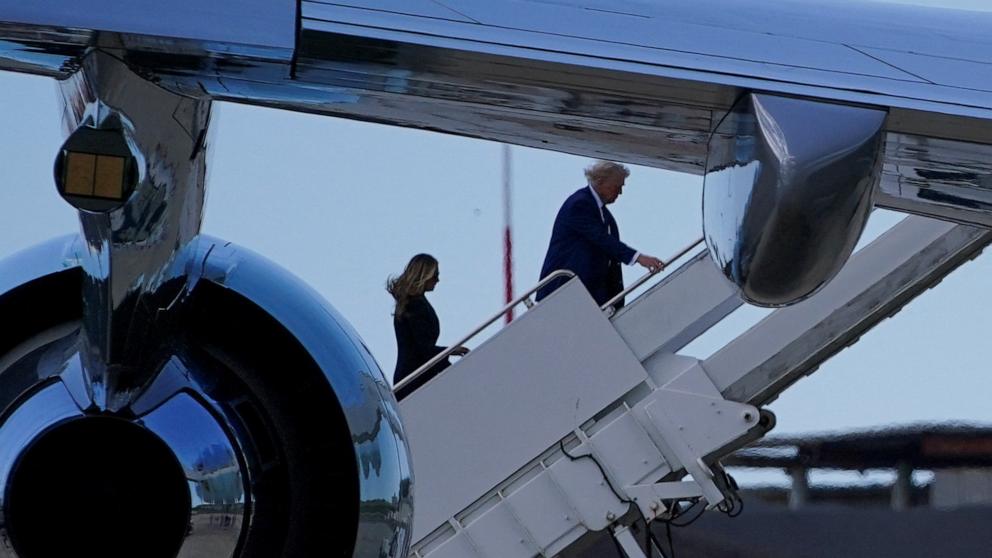 PHOTO: President Donald Trump and first lady Melania Trump board Air Force One at Fiumicino Airport, as they leave after attending the funeral Mass of Pope Francis, near Rome, Italy, April 26, 2025.