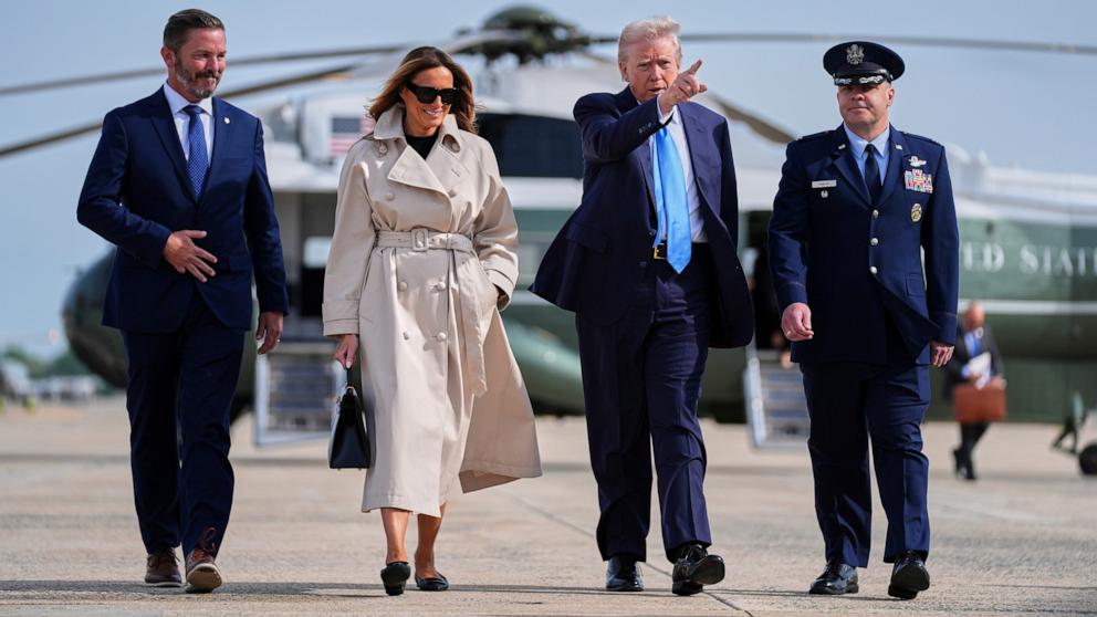 PHOTO: President Donald Trump and first lady Melania Trump walk to board Air Force One for a trip to attend the funeral of Pope Francis, April 25, 2025, at Andrews Air Force Base, Md. 