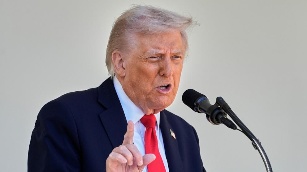 PHOTO: President Donald Trump speaks as he hosts a lunch with Republican Senators on the Rose Garden patio at the White House, Oct. 21, 2025, in Washington.