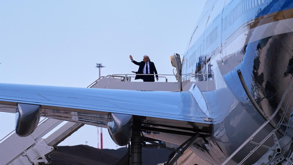 PHOTO: President Donald Trump and first lady Melania Trump wave before they board Air Force One at Leonardo da Vinci International Airport, Saturday, April 26, 2025, in Rome, after attending the funeral of Pope Francis at the Vatican.