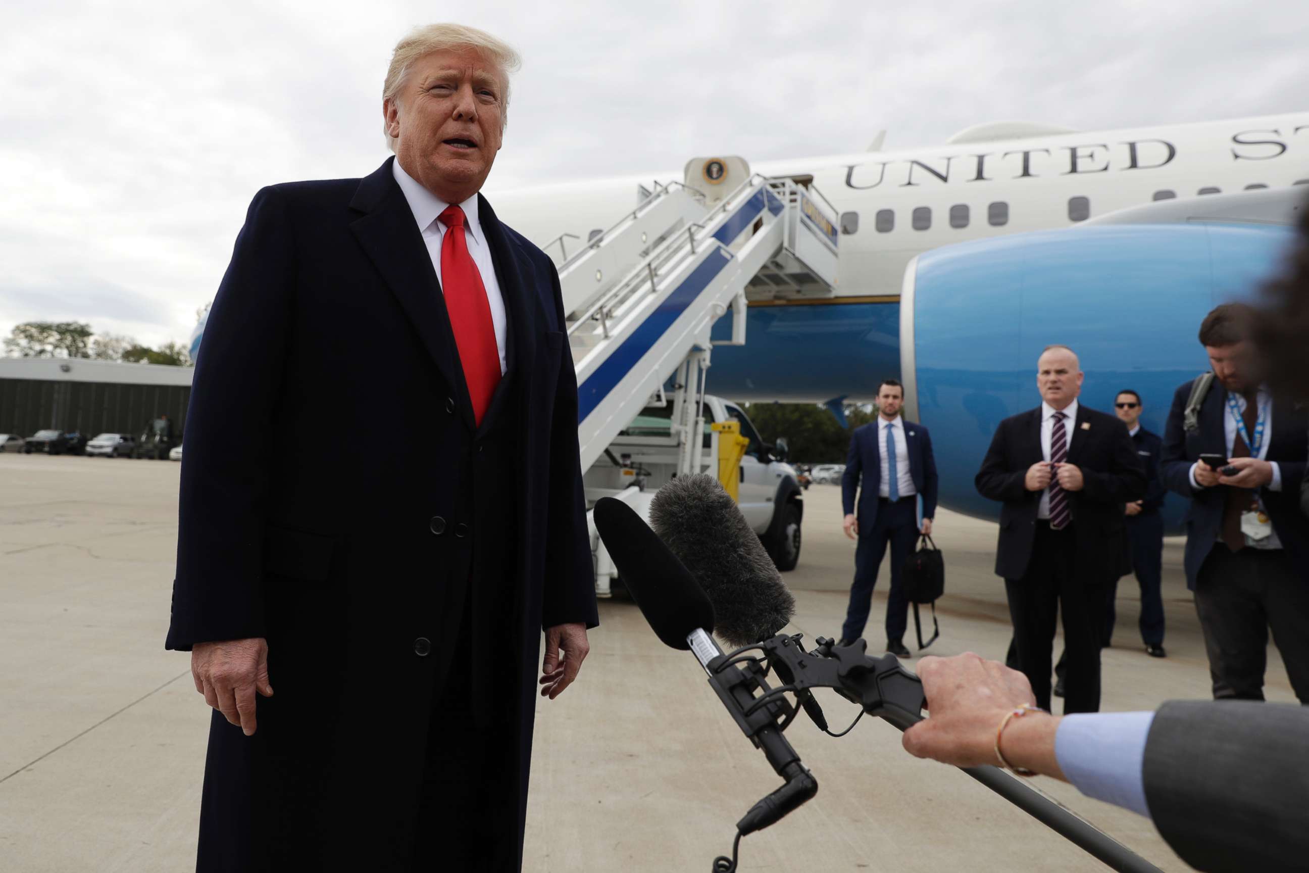 PHOTO: President Donald Trump speaks about Pastor Andrew Brunson after landing at Cincinnati Municipal Lunken Airport, Oct. 12, 2018, in Cincinnati, Ohio.
