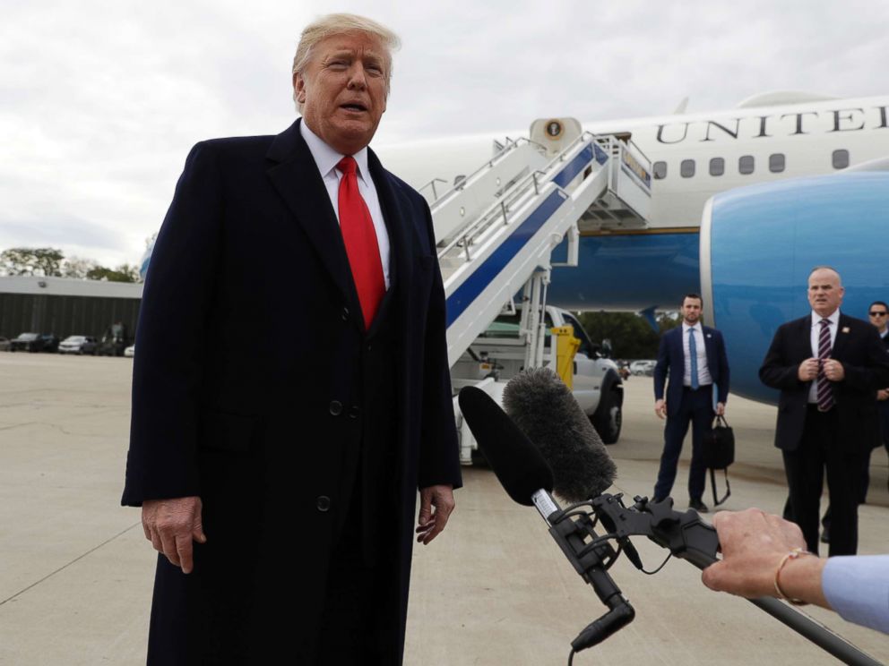 PHOTO: President Donald Trump speaks about Pastor Andrew Brunson after landing at Cincinnati Municipal Lunken Airport, Oct. 12, 2018, in Cincinnati, Ohio.