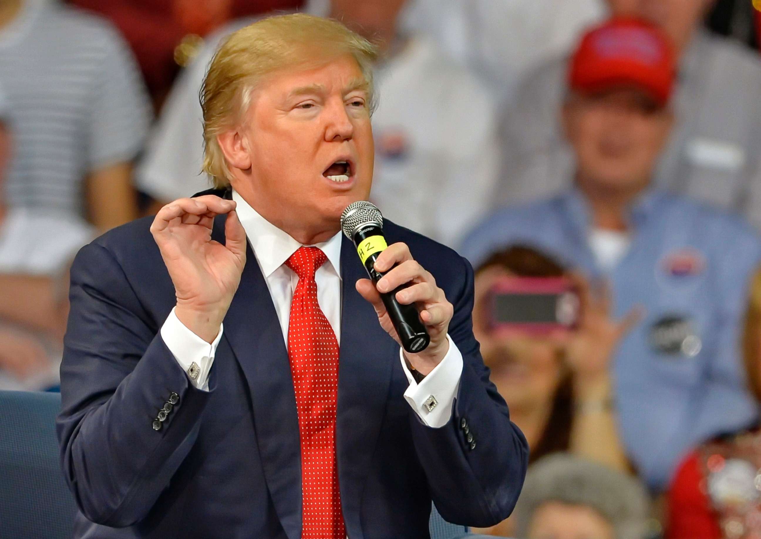 PHOTO: In this Dec. 12, 2015, photo, Republican presidential candidate Donald Trump speaks at a town hall meeting in the Convocation Center on the University of South Carolina Aiken campus in Aiken, S.C. 