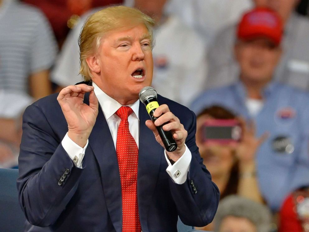 PHOTO: In this Dec. 12, 2015, photo, Republican presidential candidate Donald Trump speaks at a town hall meeting in the Convocation Center on the University of South Carolina Aiken campus in Aiken, S.C.