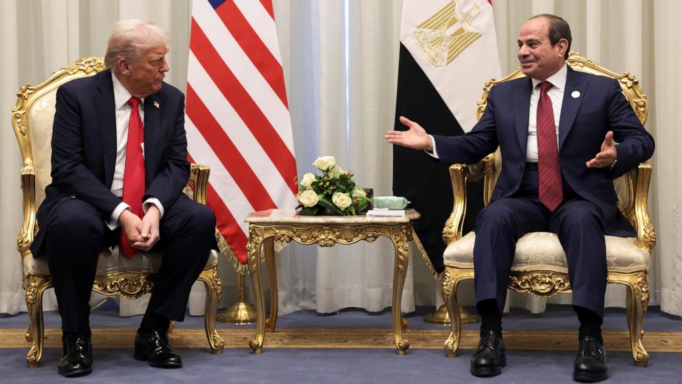 PHOTO: Egyptian President Abdel Fattah el-Sisi meets President Donald Trump ahead of a world leaders' summit on ending the Gaza war, in Sharm El-Sheikh, Egypt, October 13, 2025.