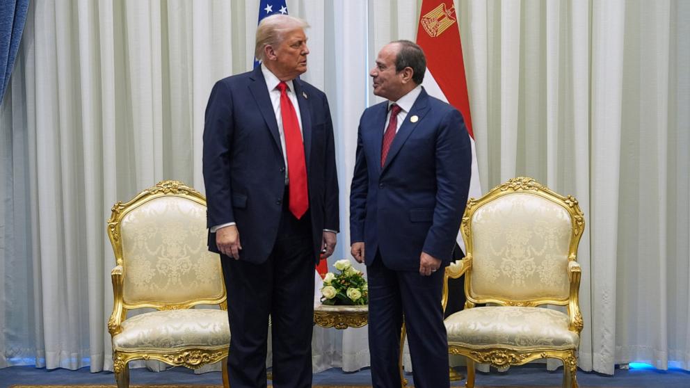PHOTO: President Donald Trump talks with Egypt's President Abdel-Fattah el-Sissi during a summit to support ending the more than two-year Israel-Hamas war in Gaza after a breakthrough ceasefire deal, Oct. 13, 2025, in Sharm El Sheikh, Egypt.