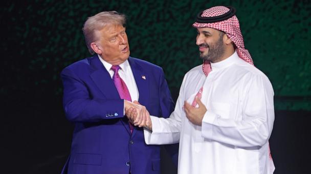 President Donald Trump shakes hands with Saudi Crown Prince Mohammed bin Salman bin Abdulaziz Al Saud at the end of the Keynote Address at the Saudi-US Investment Forum in Riyadh, Saudi Arabia, May 13, 2025.