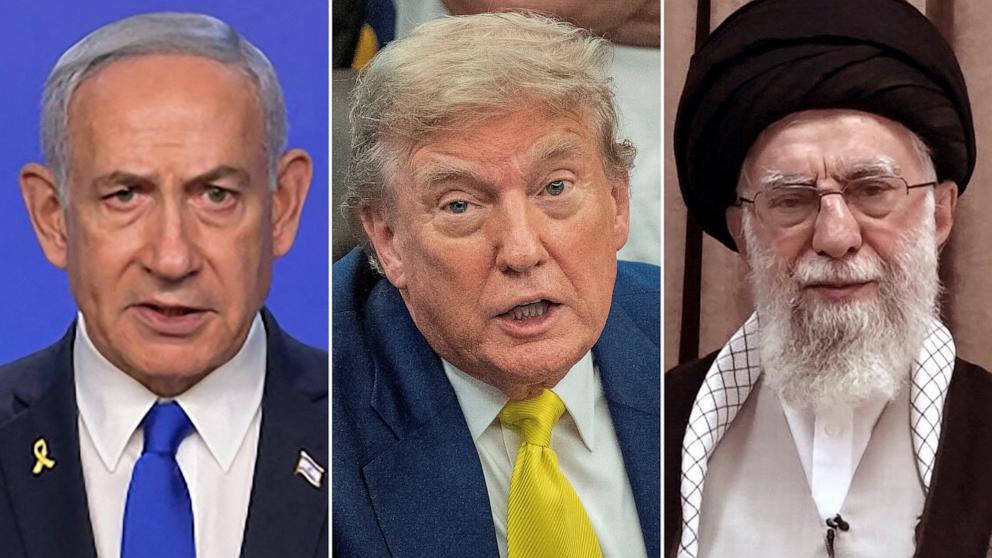 PHOTO: Israel's Prime Minister Benjamin Netanyahu in Israel, June 13, 2025, President Donald Trump in Washington, June 18, 2025 and Iran's Supreme Leader Ayatollah Ali Khamenei in Tehran, June 13, 2025.