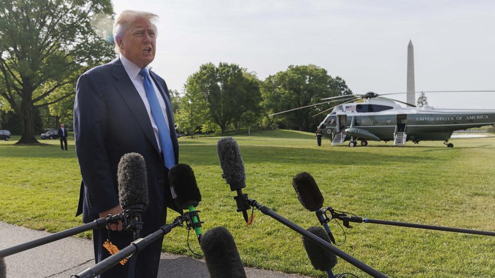 PHOTO: President Donald Trump gives remarks before departing the White House for Rome, where he will attend Pope Francis' funeral, in Washington, April 25, 2025.