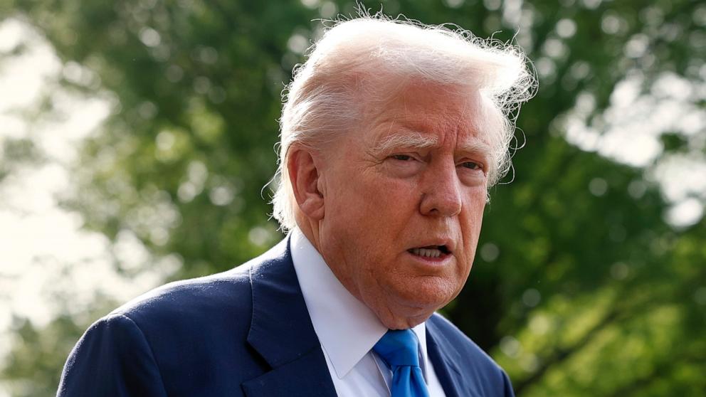 PHOTO: President Donald Trump speaks to the media as he departs the White House, April 25, 2025 in Washington.