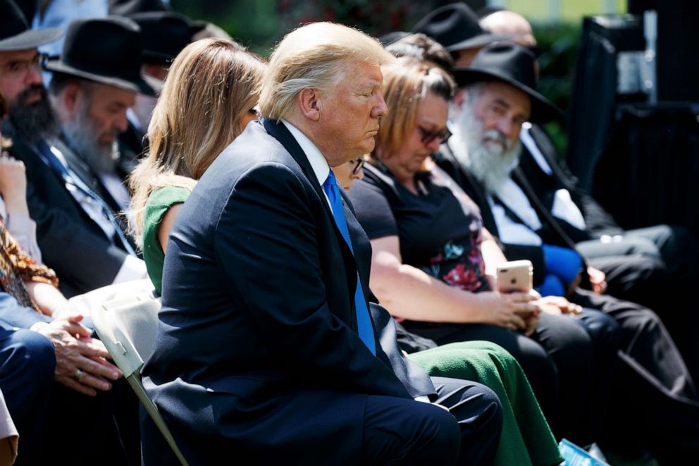 PHOTO: President Donald Trump prays during a National Day of Prayer event in the Rose Garden of the White House, Thursday, May 2, 2019, in Washington.