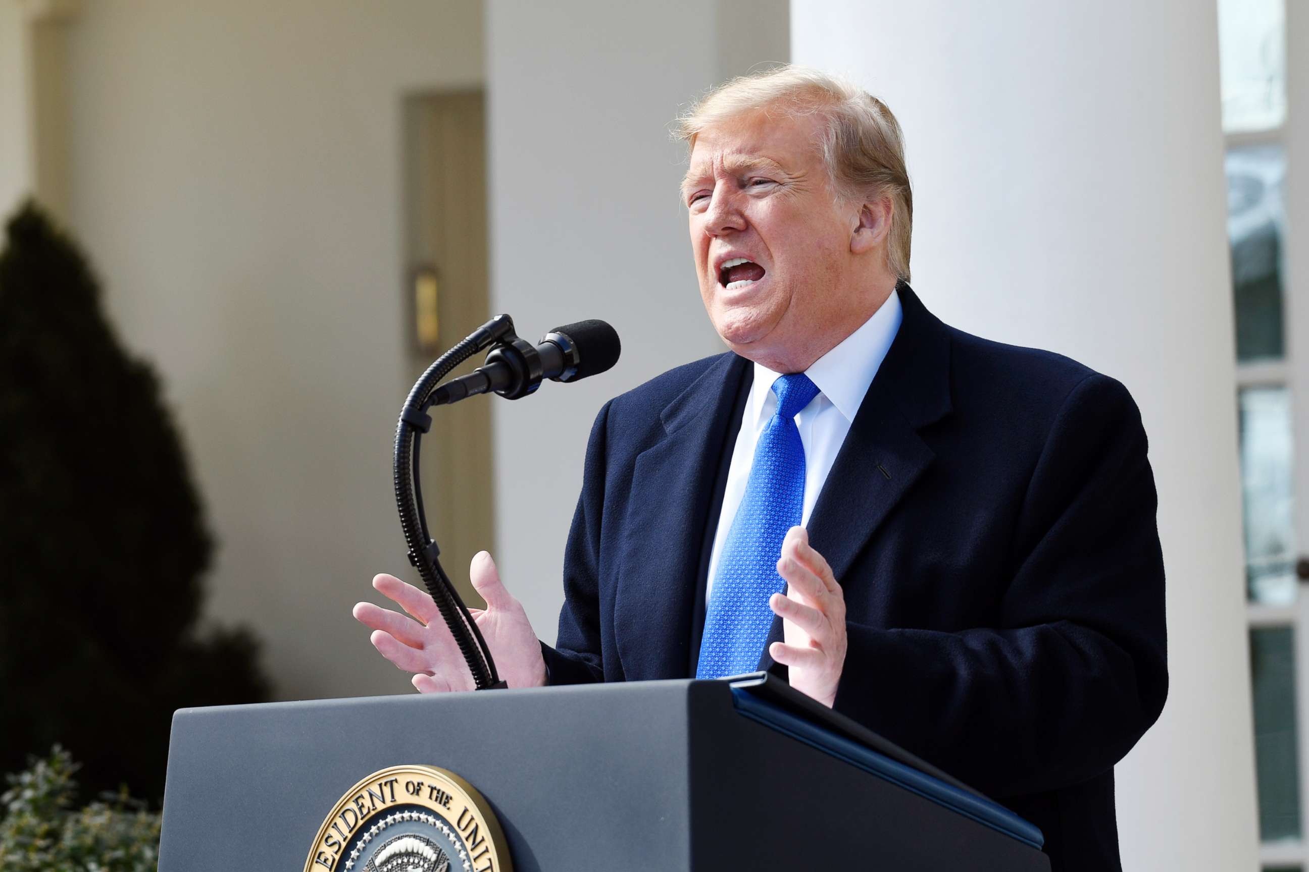 PHOTO: President Donald Trump speaks during an event in the Rose Garden at the White House in Washington, D.C., to declare a national emergency in order to build a wall along the southern border, Feb. 15, 2019.