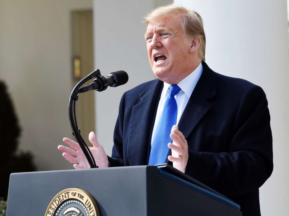 PHOTO: President Donald Trump speaks during an event in the Rose Garden at the White House in Washington, D.C., to declare a national emergency in order to build a wall along the southern border, Feb. 15, 2019.