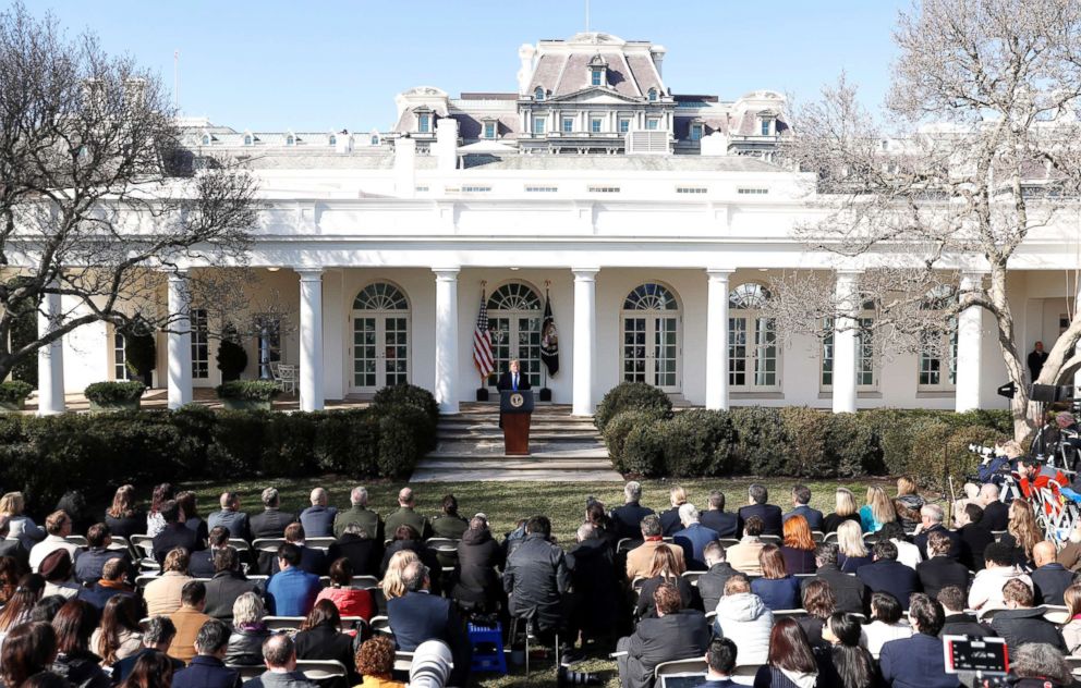 PHOTO: President Donald Trump speaks during an event in the Rose Garden at the White House, in Washington, Feb. 15, 2019.