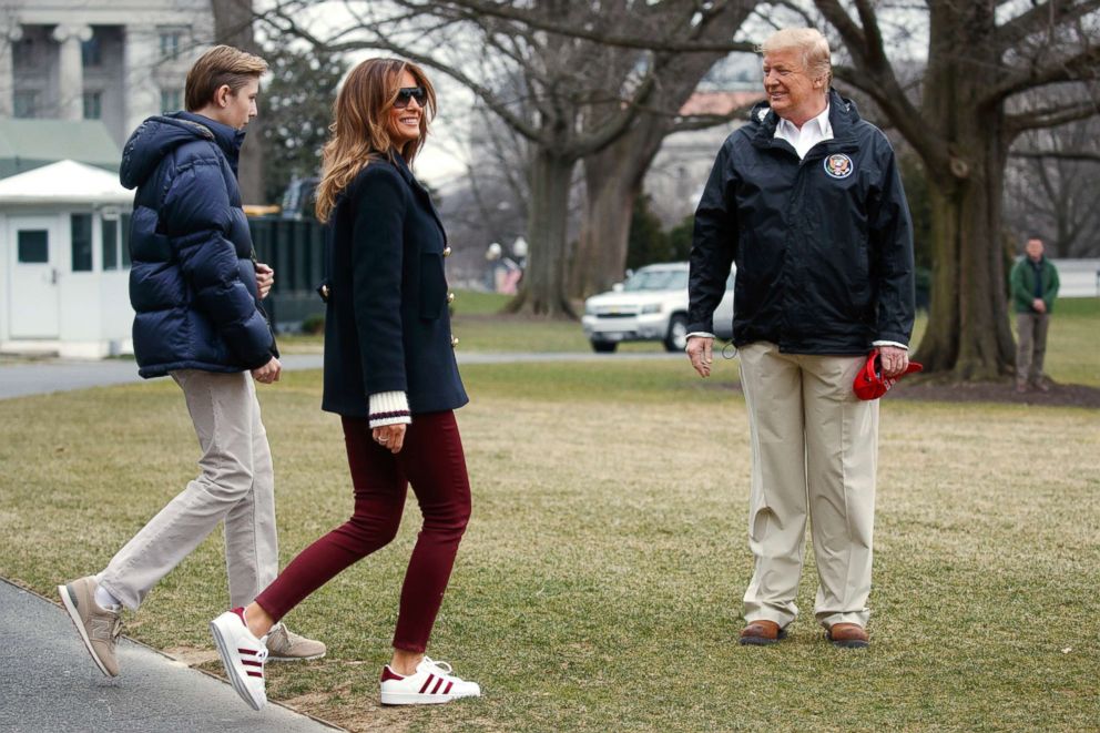 PHOTO: President Donald Trump waits for his son Barron Trump, and first lady Melania Trump after speaking with reporters outside the White House before traveling to Alabama to visit areas affected by the deadly tornadoes, in Washington, March 8, 2019.