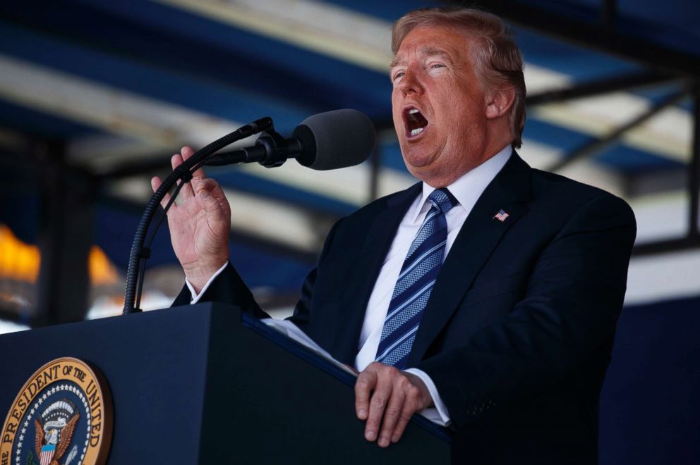 PHOTO: President Donald Trump speaks during a graduation and commissioning ceremony at the U.S. Naval Academy, May 25, 2018, in Annapolis, Md.