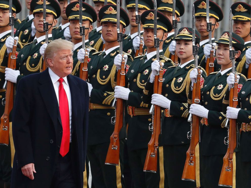 PHOTO: President Donald Trump reviews an honor guard during a welcome ceremony at the Great Hall of the people in Beijing, Nov. 9, 2017.