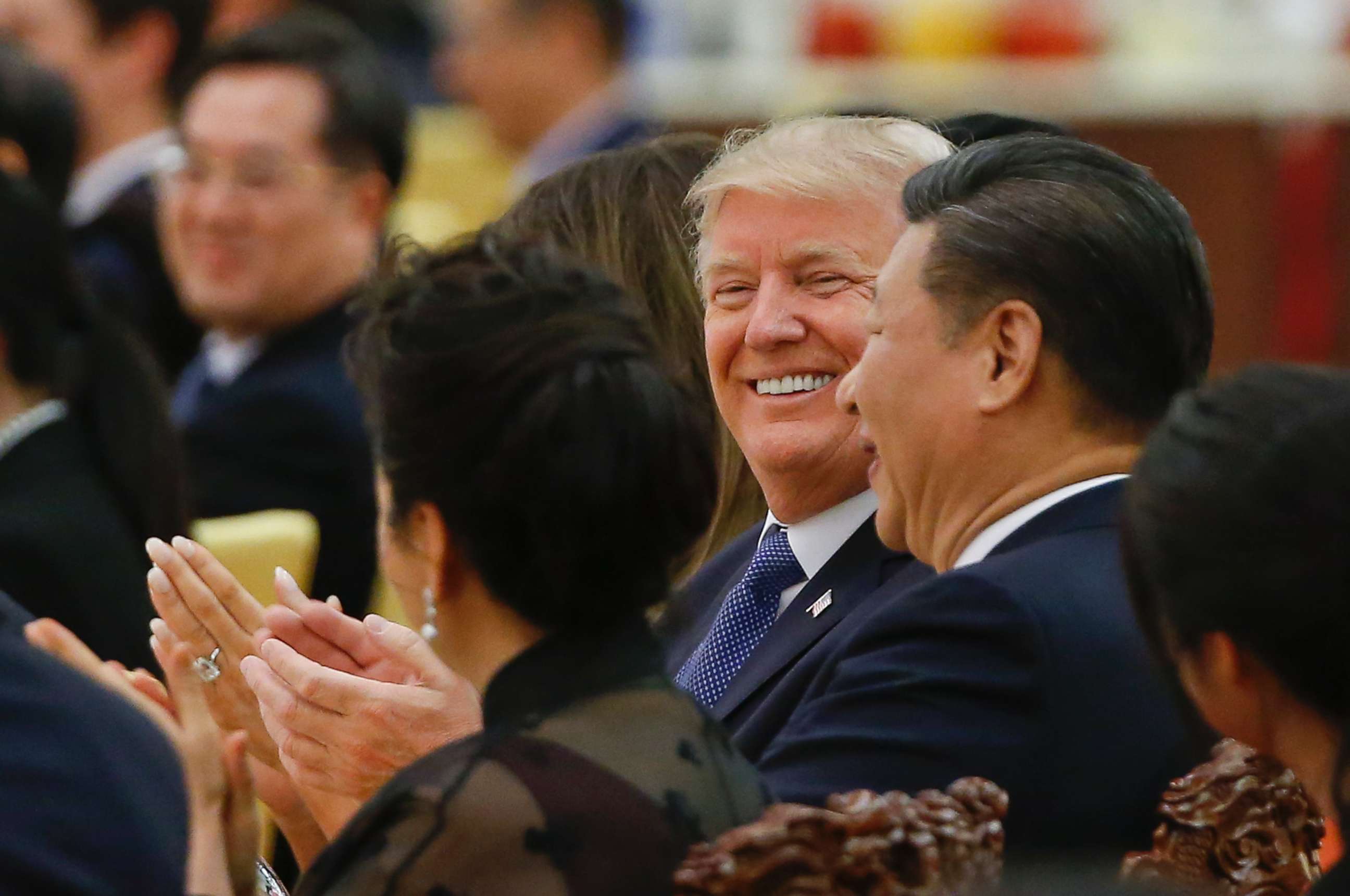 PHOTO: President Donald Trump and China's President Xi Jinping attend at a state dinner at the Great Hall of the People in Beijing, Nov. 9, 2017. 