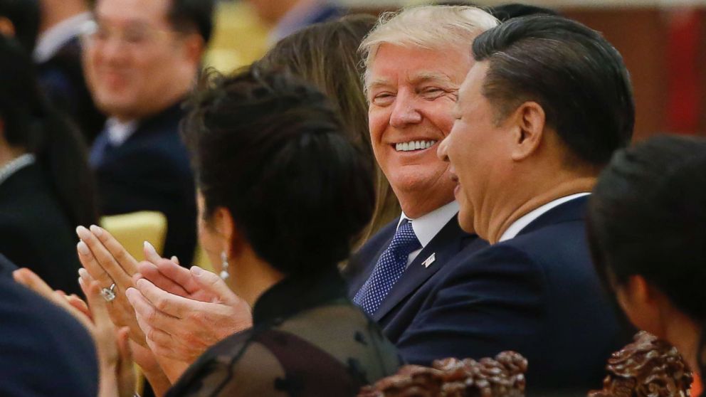 PHOTO: President Donald Trump and China's President Xi Jinping attend at a state dinner at the Great Hall of the People in Beijing, Nov. 9, 2017. 