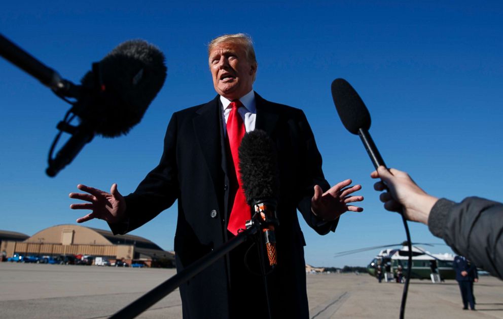 PHOTO: President Donald Trump talks to the media about Jamal Khashoggi before boarding Air Force One on Oct. 18, 2018, in Andrews Air Force Base, Md.