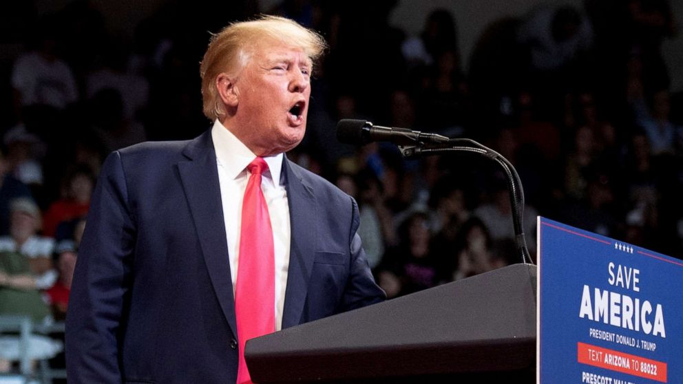 PHOTO: Former President Donald Trump speaks at a pre-election rally in Arizona, in Prescott Valley, Arizona, July 22, 2022.