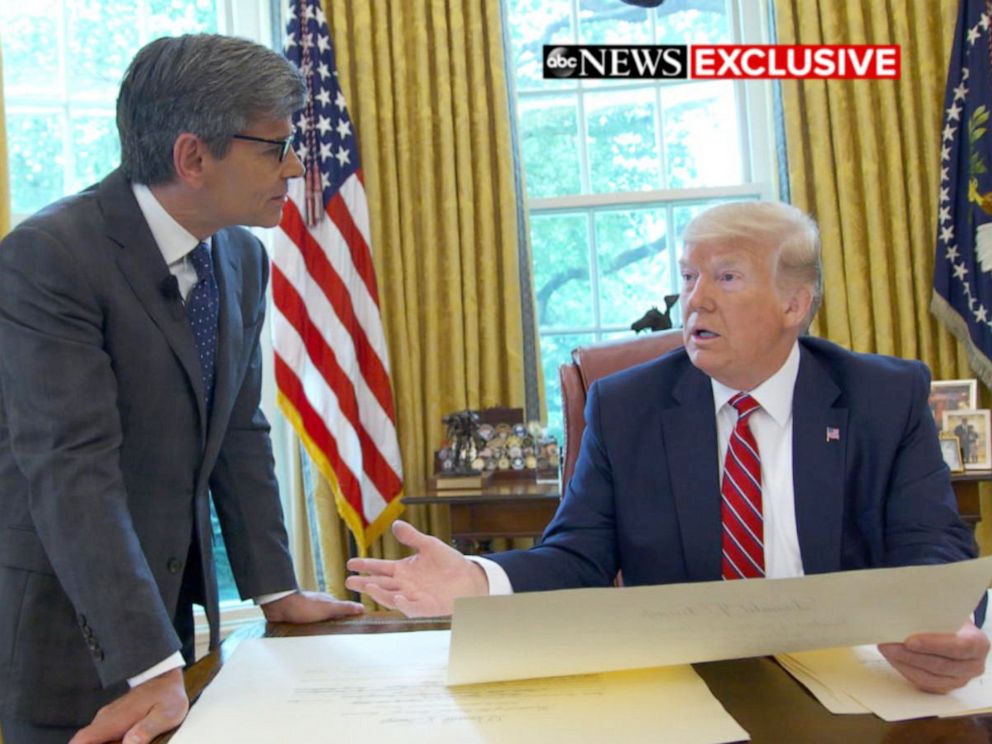 PHOTO: ABC News George Stephanopoulos talks with President Donald Trump in the Oval Office of the White House in Washington.