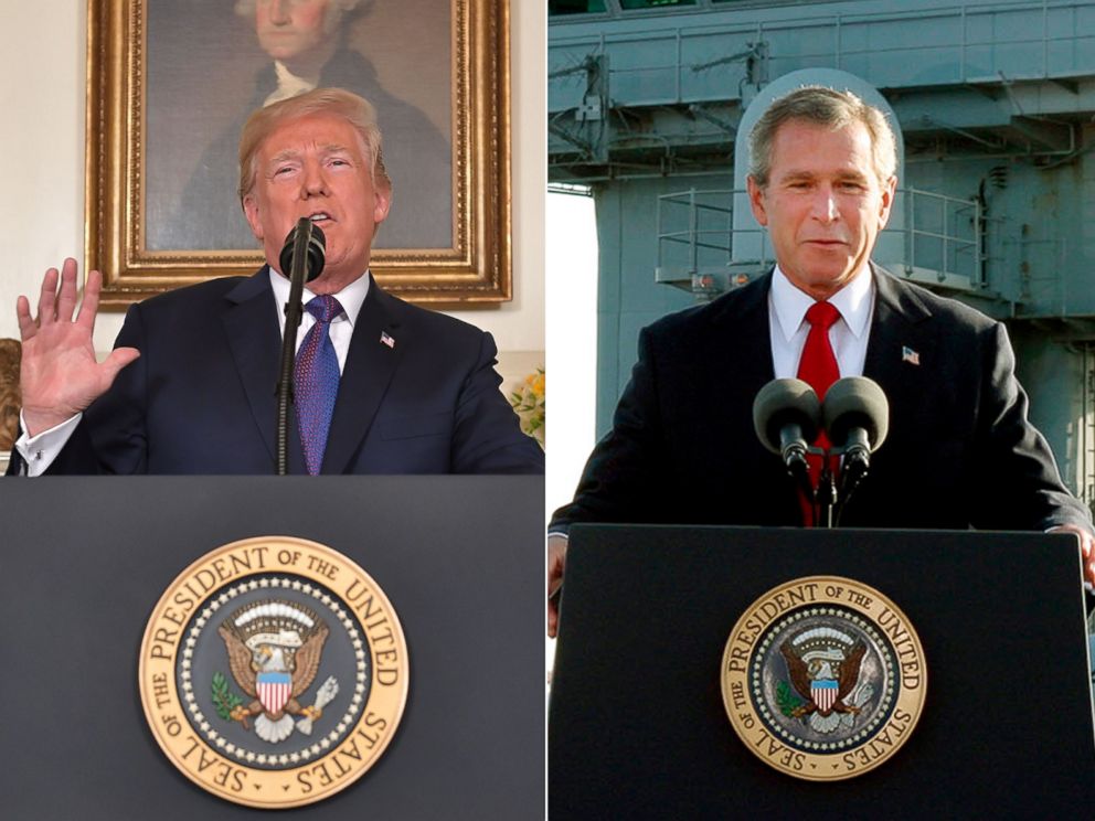 PHOTO: Pictured (L-R) are President Donald Trump on April 13, 2018 and President George W. Bush on May 2, 2003.