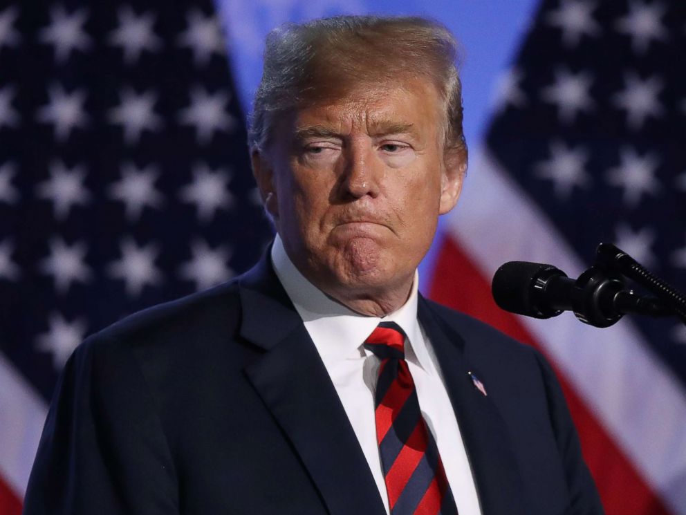 PHOTO: President Donald Trump speaks to the media at a press conference on the second day of the 2018 NATO Summit on July 12, 2018 in Brussels, Belgium.