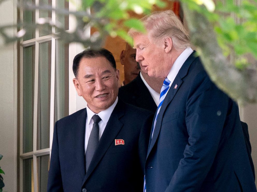 PHOTO: President Donald Trump talks with Kim Yong Chol, former North Korean military intelligence chief and one of leader Kim Jong Uns closest aides, as they walk from their meeting in the Oval Office of the White House in Washington, D.C., June 1, 2018.