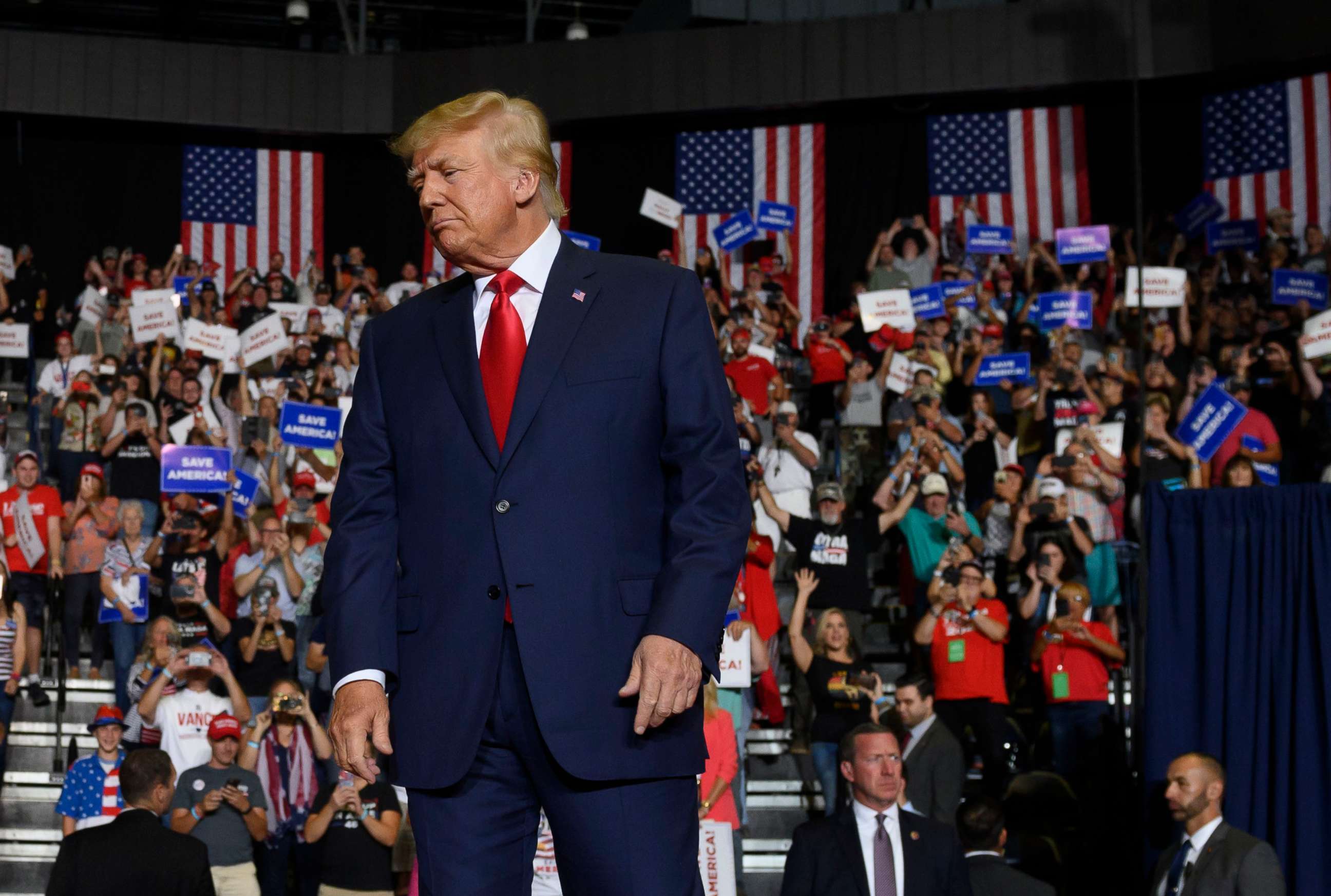 PHOTO: Former President Donald Trump enters the stage at a Save America Rally in Youngstown, Ohio, Sept. 17, 2022.