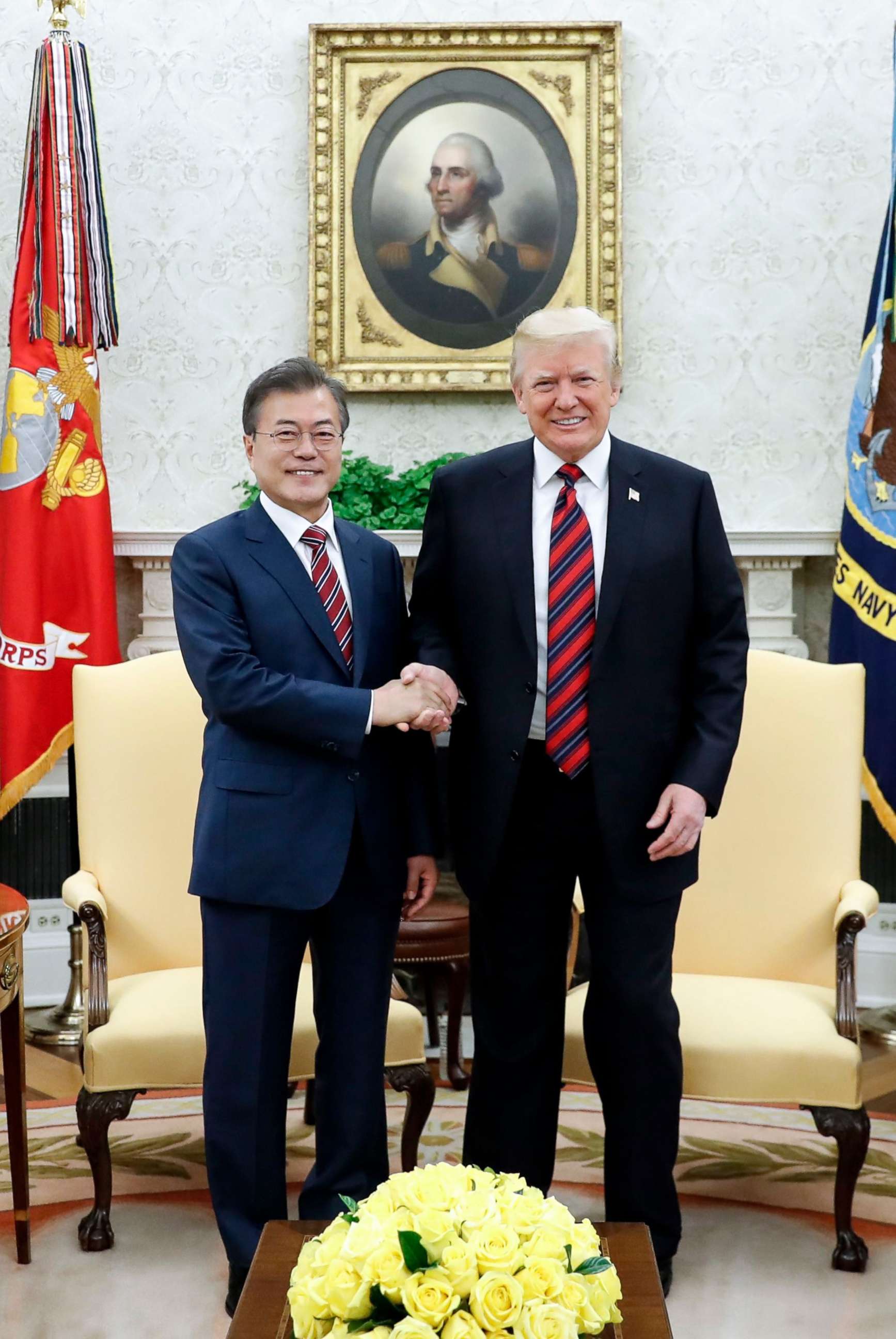 PHOTO: South Korean President Moon Jae-in and President Donald J. Trump shake hands during a meeting at the White House in Washington, May 22, 2018.
