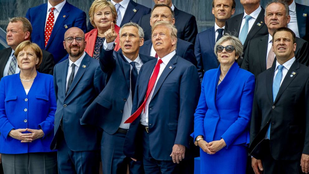 (L-R) German Chancellor Angela Merkel, Belgian Prime Minister Charles Michel, NATO Secretary General Jens Stoltenberg, President Donald Trump, British Prime Minister Theresa May and Prime Minister of Estonia Juri Ratas at NATO summit in Brussels, July 11, 2018.