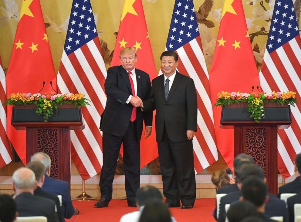 PHOTO: President Donald Trump and Chinese President Xi Jinping shake hands at a joint news conference held after their meeting in Beijing on Nov. 9, 2017.