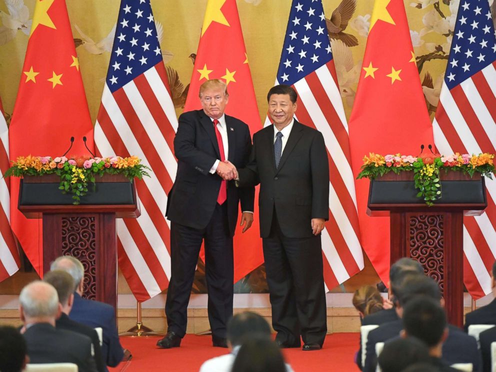 PHOTO: President Donald Trump and Chinese President Xi Jinping shake hands at a joint news conference held after their meeting in Beijing on Nov. 9, 2017.