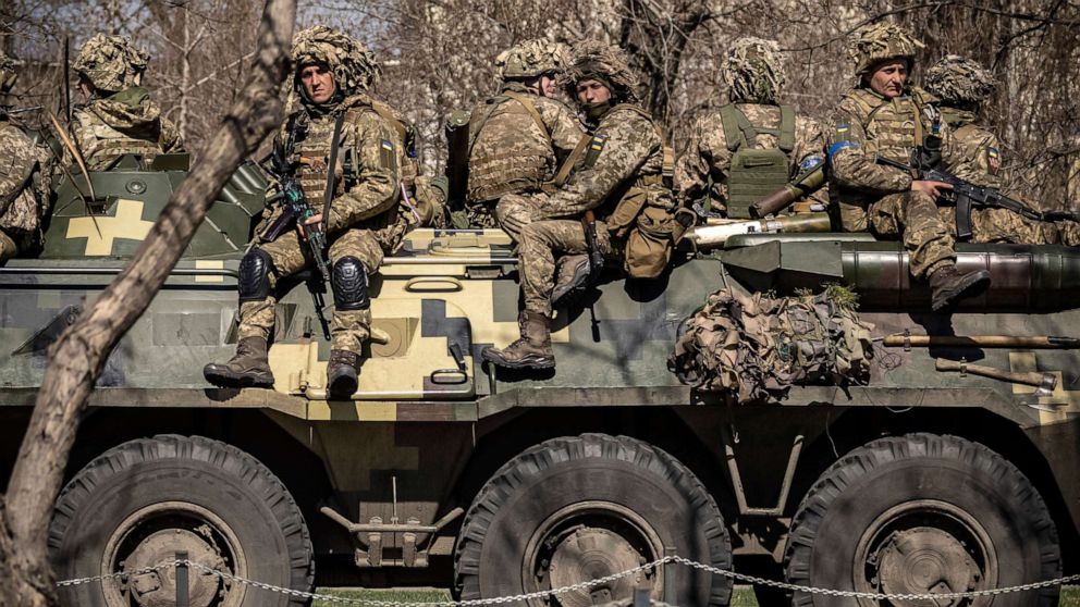 PHOTO: Ukrainian soldiers sit on a armored military vehicle in the city of Severodonetsk in the Donbas region of Ukraine, on April 7, 2022.