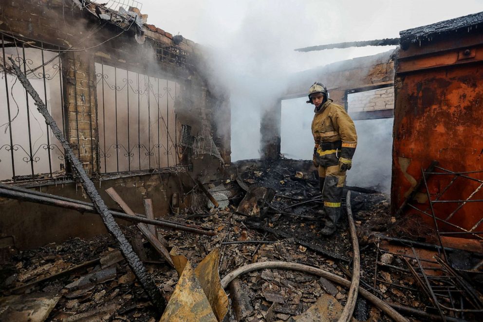 PHOTO: A firefighter works inside an office building heavily damaged by shelling in the in Donetsk, Russian-controlled Ukraine, Dec. 5, 2022.