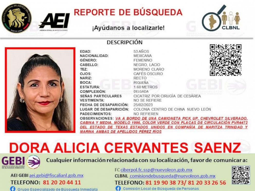 PHOTO: A missing poster for Dora Alicia Cervantes Saenz.