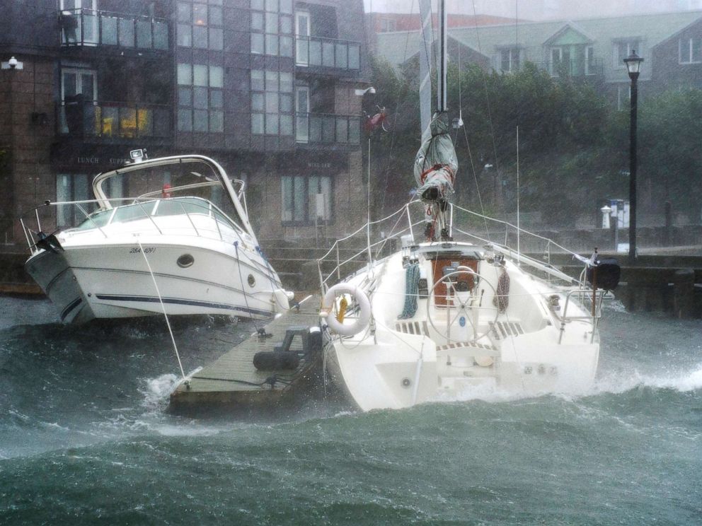 PHOTO: Waves crash into boats long the waterfront in Halifax, Nova Scotia  as hurricane Dorian approaches, Sept. 7, 2019. 