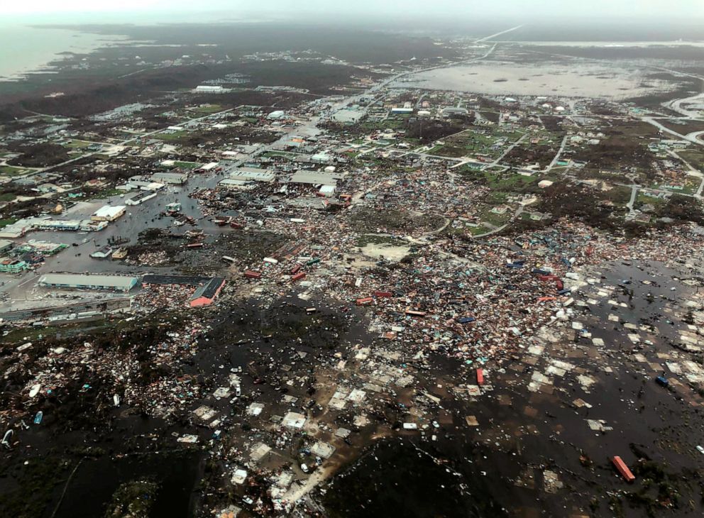 PHOTO: An aerial view shows devastation after Hurricane Dorian pummeled the Abaco Islands in the Bahamas, Sept. 3, 2019, in this image obtained via social media.