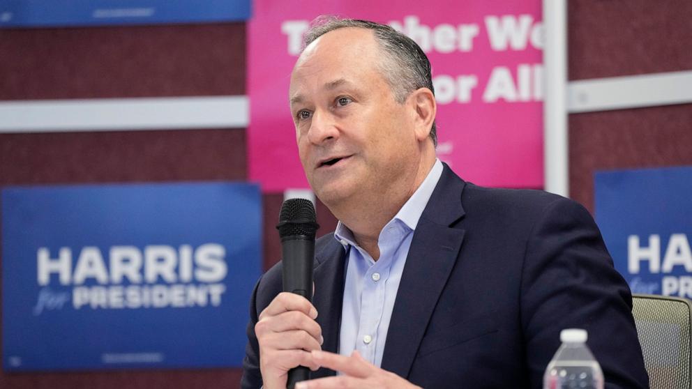 PHOTO: Doug Emhoff, husband of Kamala Harris, speaks at an event at Planned Parenthood in Portland on July 24, 2024.