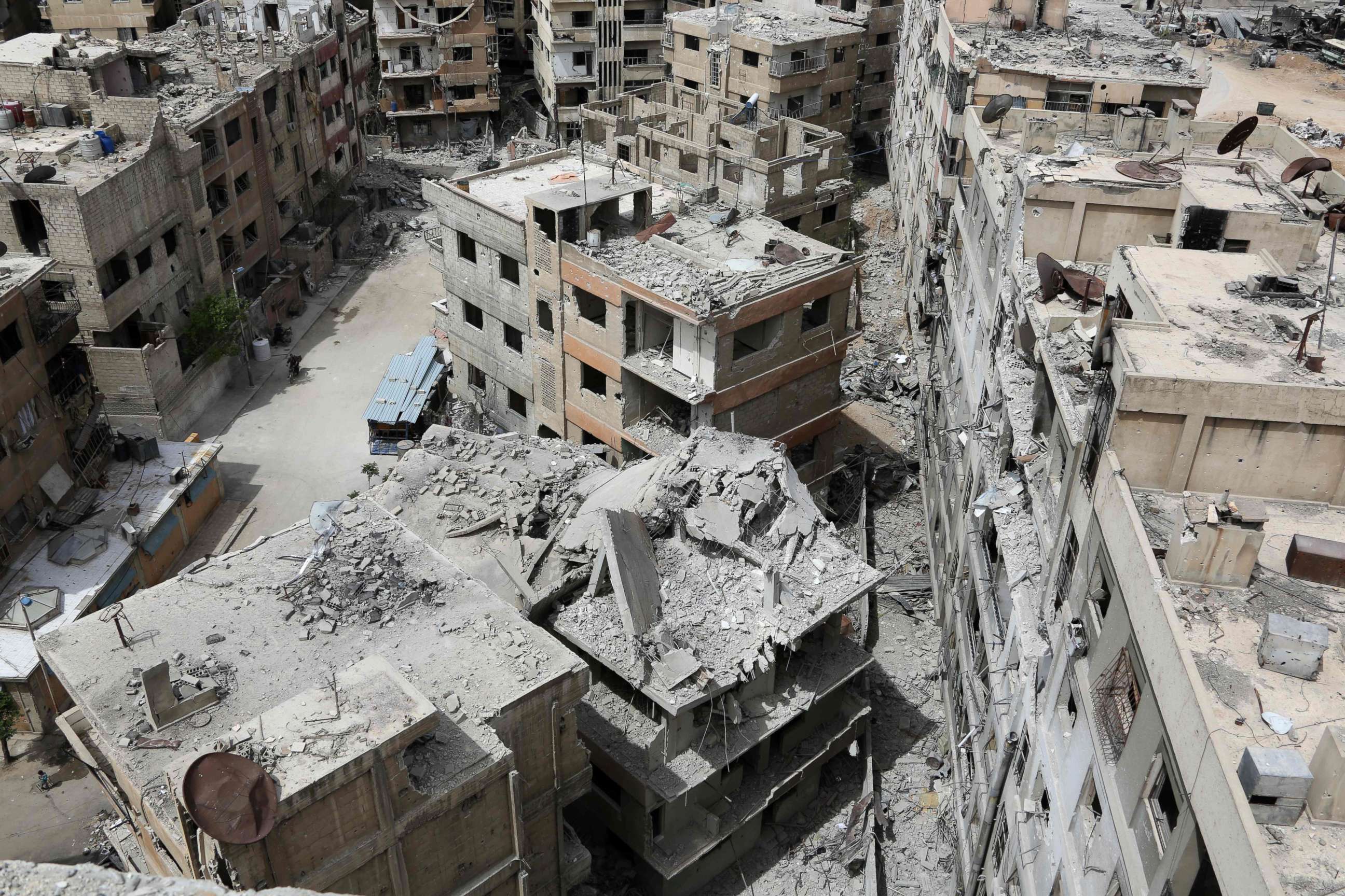 PHOTO: The former Syrian town of Douma on the outskirts of Damascus, April 17, 2018, after the Syrian army declared that all anti-regime forces have left Eastern Ghouta, following a blistering two month offensive on the rebel enclave. 

