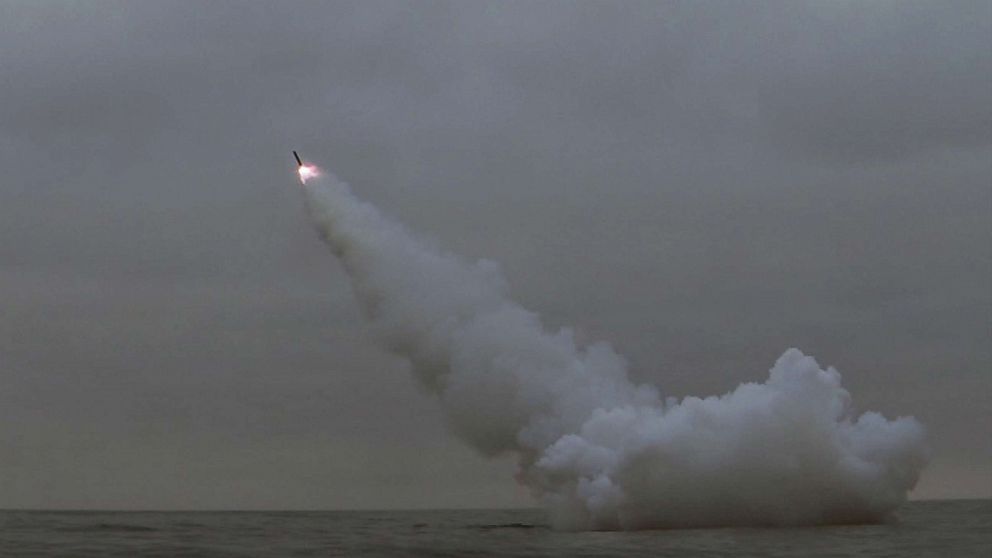 PHOTO: A general view as North Korea fired two missiles from a submarine striking an underwater target, according to state media, at an undisclosed location in North Korea March 12, 2023, in this photo released by North Korea's Korean Central News Agency.